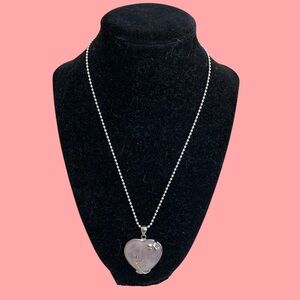 Rose Quartz Heart Pendant Necklace with Silver Floral Inlay and Ball Chain